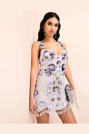 ASOS 3D floral embellished mini dress with scallop hem and drop pearl detail in