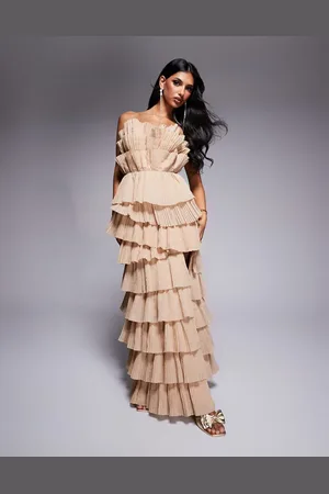 ASOS Pleated organza bandeau maxi dress with side split in stone