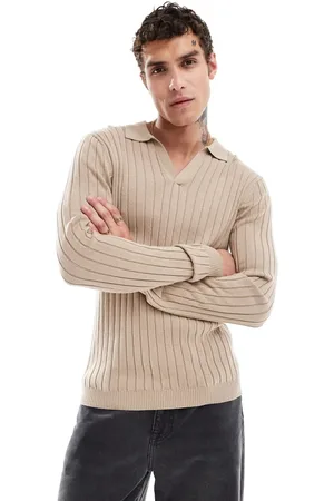 ASOS Essential muscle fit knitted rib notch neck jumper in taupe