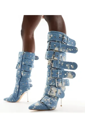 AZALEA WANG Sedna buckle knee boots in denim