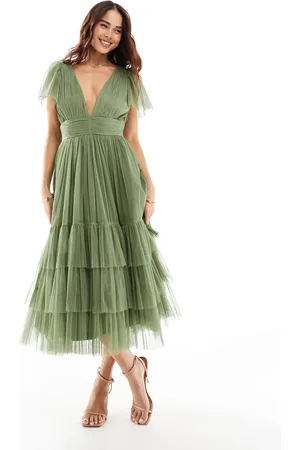 Lace & Beads Bridesmaid Madison v neck tulle midi dress in soft olive