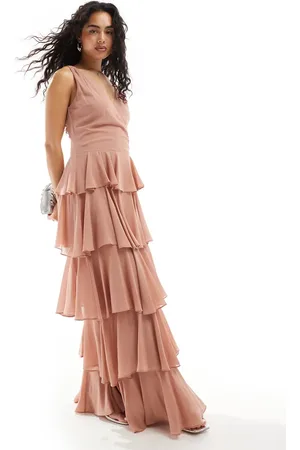 TFNC Bridesmaids chiffon tiered maxi dress in rose