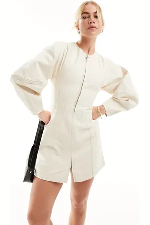 & OTHER STORIES Corset waist mini dress with zip front and sculptural sleeves in beige