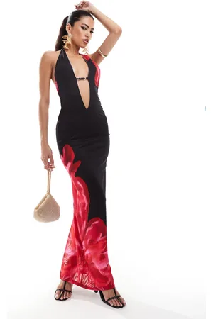 Murci Halterneck plunge neck maxi dress in black and red flower print