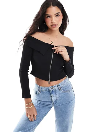 Pieces® Off the shoulder zip through long sleeve top in