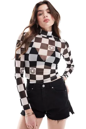 Hugo Blue Long sleeve high neck mesh top in checkerboard
