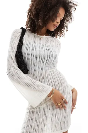 Brave Soul Long sleeve mesh knitted dress in off