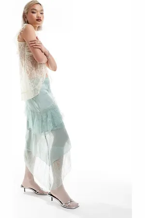 Reclaimed Limited edition midi slip skirt with lace and frill details in mint