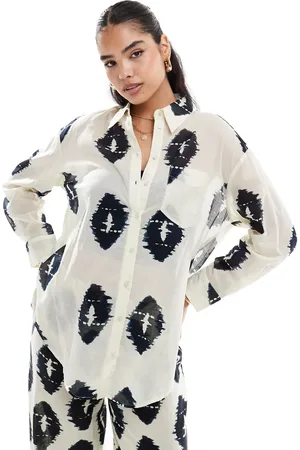 MANGO Oversized aztec print co-ord shirt in beige