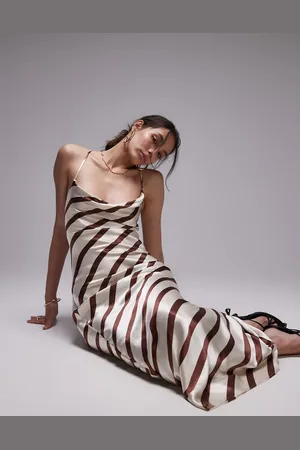Topshop Cowl slip midi dress brown and ivory stripe