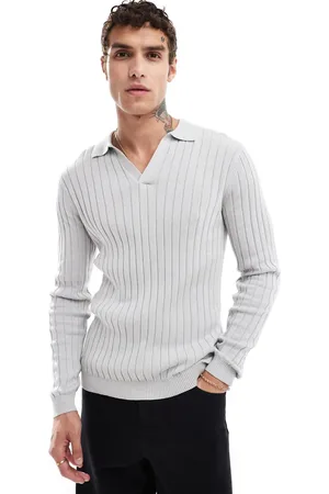 ASOS Essential muscle fit knitted rib notch neck jumper in light
