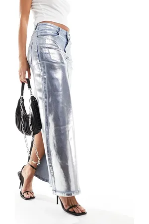 Amy Lynn Stretch metallic coated denim maxi skirt in silver