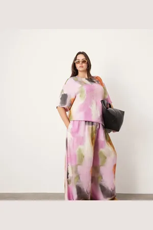 ASOS Curve super wide leg drawstring waist co-ord in bold watercolour