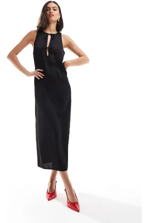 VILA Satin tie neck sleeveless midi dress in
