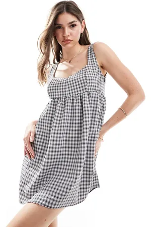 COLLUSION Poplin mini smock dress with notch neck in check