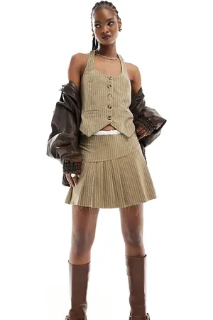 Reclaimed Boxer waistband pleated tailored skirt mini skirt in brown pinstripe