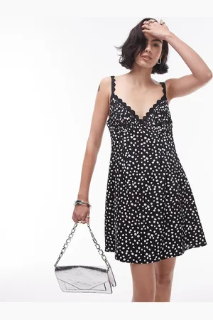 Topshop Lace trim pin tuck bust mini dress in mono spot