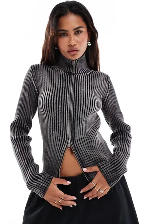 Weekday Panther chunky rib zip through cardigan in washed