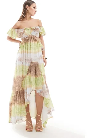 ASOS Ruffle cut out off the shoulder maxi dress with hi low hem in mixed vintage floral