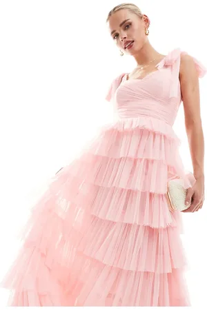 Lace & Beads Bow shoulder tiered maxi dress in powder