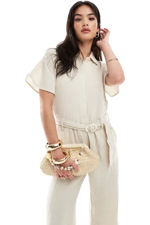 MANGO Linen look belted jumpsuit in