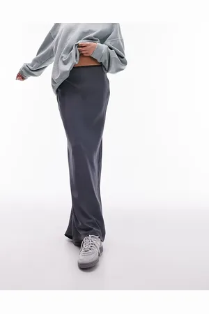 Topshop Co-ord satin maxi bias skirt with elastic trim in charcoal