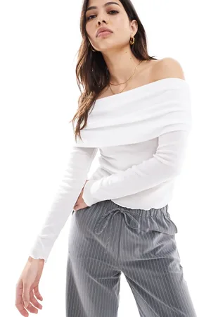 Stradivarius Sheer lettuce edge bardot top in