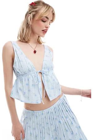 Motel Ditsy floral gingham tie front blouse in baby