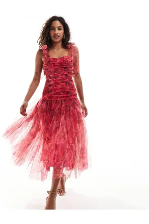 Lace & Beads Drop waist bow shoulder midaxi dress in rose