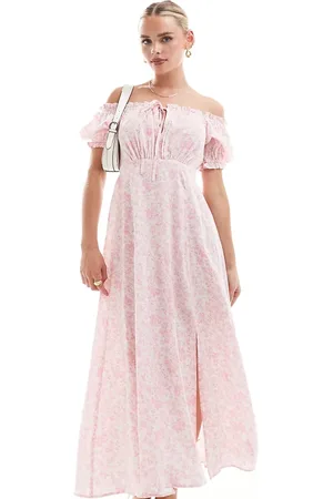 Miss Selfridge Puff sleeve bardot maxi dress in pink floral