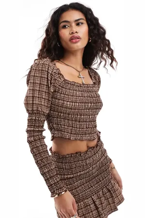 Kiss The Sky Ruched top with puff sleeves in check