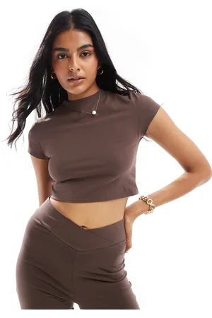 Miss Selfridge Short sleeve crop top co-ord in chocolate