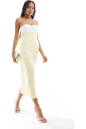 ASOS Ruched bust contrast mididress with lace insert in lemon