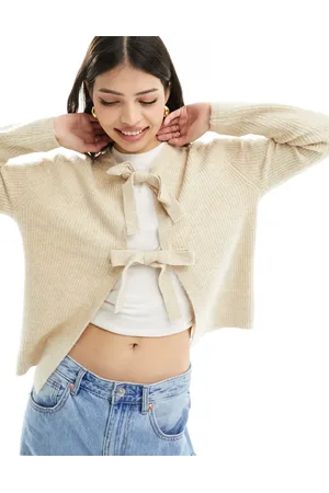 Pieces® Reversable tie front cardigan in light beige