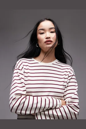 MANGO Round neck striped top in and red