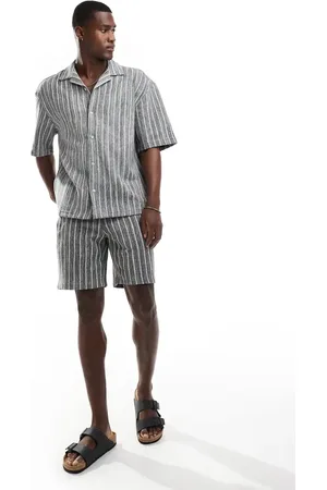Pull&Bear Textured stripe short co-ord in grey