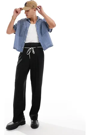 ASOS Smart wide leg trousers with double waistband detail in charcoal