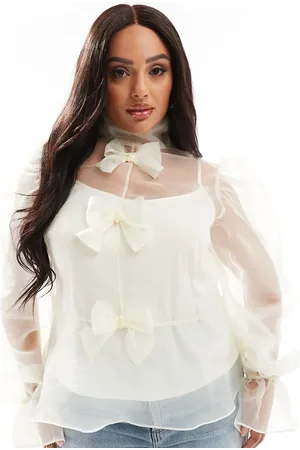 ASOS Curve organza long sleeve top with bow detail and cami in ivory