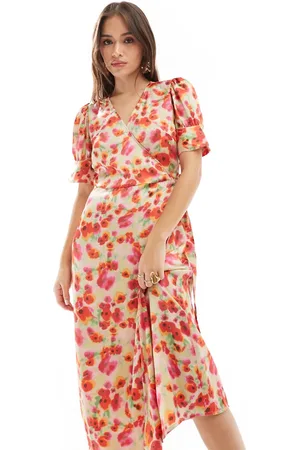 VILA Satin wrap midi dress in red poppy print
