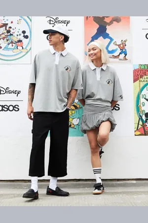 ASOS Disney unisex oversized polo t-shirt with Mickey Mouse prints in marl