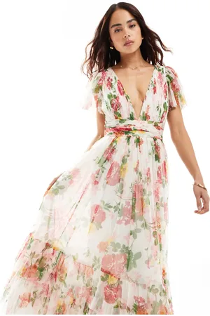 Lace & Beads Bridesmaid Madison v neck tulle maxi dress in bright floral