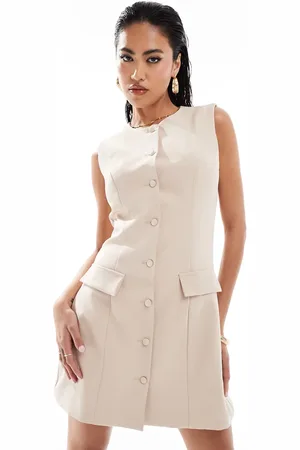 Kaiia Tailored pocket detail button through sleeveless mini dress in stone