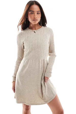 ONLY Cable knitted mini skater dress in beige