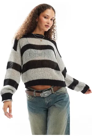 Noisy May Open knit jumper in and grey stripe