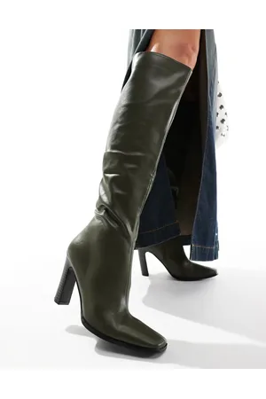 Public Desire Acquilla heeled knee boots with square toe in olive PU
