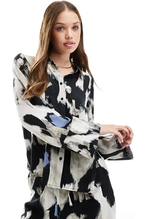 VILA Satin shirt co-ord in blue graphic print