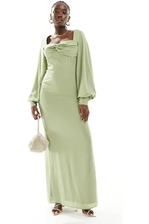Pretty Lavish Bridesmaid balloon sleeve maxi dress in olive