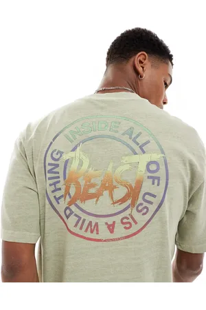 Only & Sons Relaxed fit t-shirt with retro beast back print in washed khaki