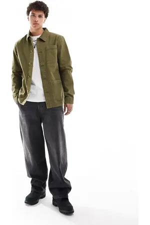 Timberland Washed canvas worker jacket in olive green