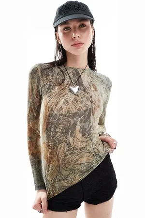 Weekday Sheer mesh long sleeve top in fairytale print